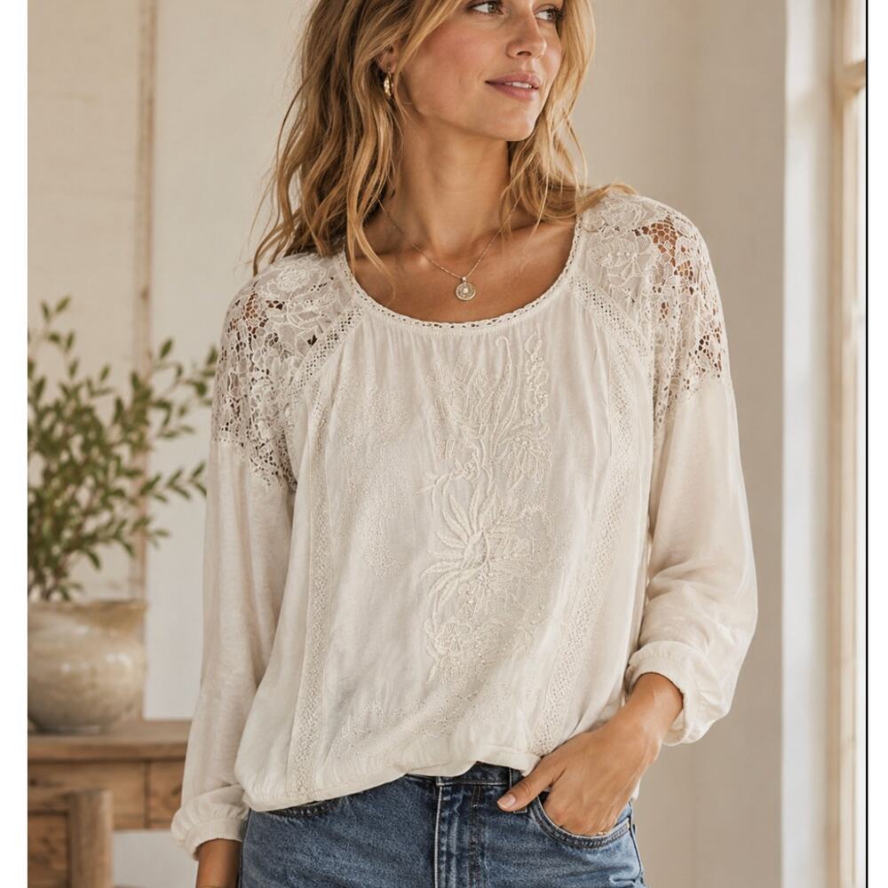 Anthropologie Ivory Lace-Yoke Embroidered Peasant Blouse